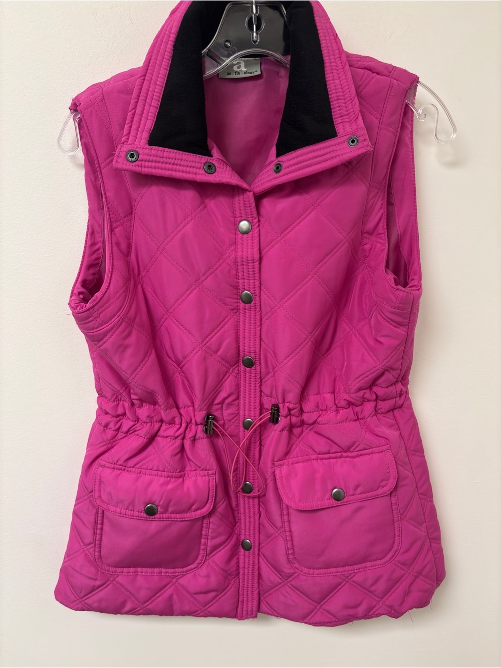Quilted Sleeveless Vest in Bright Fuchsia with Drawstring Waist